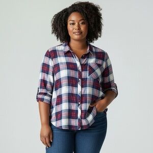 Isla Maude Plaid Surplice V-Neck Long Sleeve Top Multicolor XL